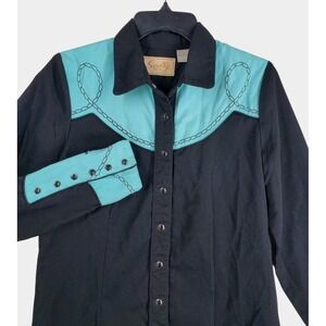 Scully Top Shirt Western Cowgirl Rodeo Pearl Snap Women S Black Blue Embellished